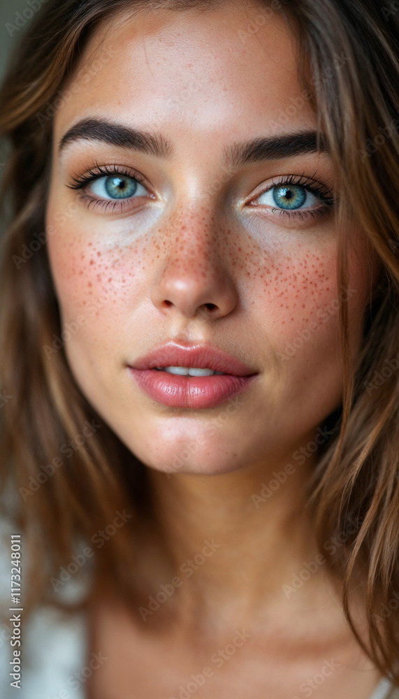 Girl with freckles and expressive eyes in close-up portrait. Girl with freckles and expressive eyes in close-up portrait.