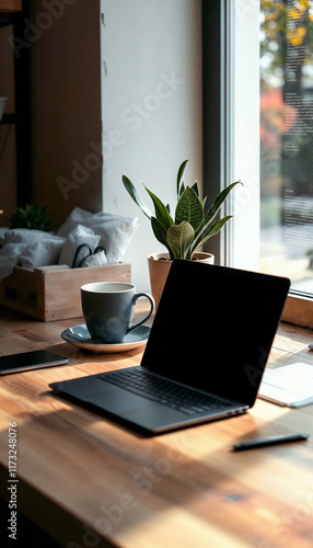 Wallpaper Mural Cozy workspace with laptop and cup of coffee by window. Torontodigital.ca