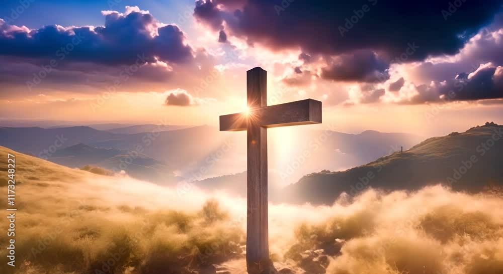Spiritual Sunset with Glowing Cross Above Clouds Representing Faith Hope and Divine Light 4K Spiritual Sunset with Glowing Cross Above Clouds Representing Faith Hope and Divine Light 4K
