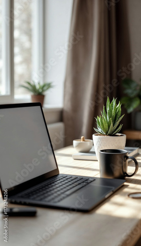 Wallpaper Mural Cozy interior with plant, laptop, and cup of tea on desk. Torontodigital.ca