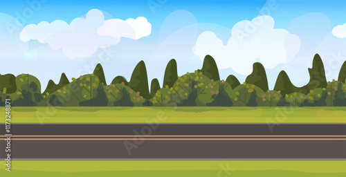  Valley, natural landscape, countryside landscape with straight asphalt road, green grass, shrubs, sky horizon and clouds. Travel, tourism. Vector illustration. Not AI generated