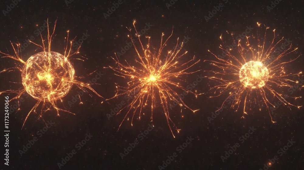 Fototapeta premium Set of fireworks with glow effect isolated on transparent background. 3D rendering