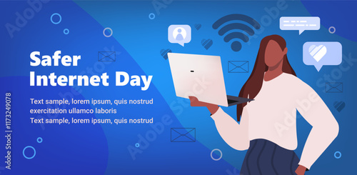 Safer Internet Day. Young African American woman surfing internet, holding laptop in hand on a blue background. Cyber security concept. Vector illustration. Not AI generated