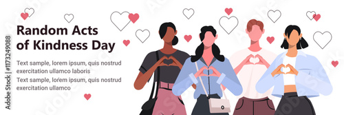 Random Acts of Kindness Day is celebrated every February 17. Young people showing hands in heart shape. Vector illustration. Not AI generated