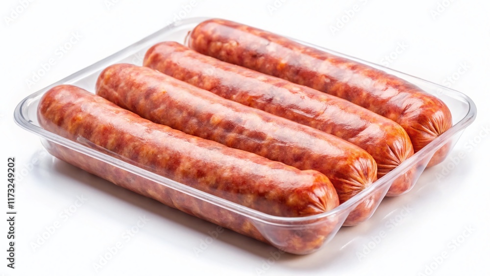 Fresh Pork Chipolata Sausages in Plastic Packaging, Isolated on White Background - High-Resolution Stock Photo Fresh Pork Chipolata Sausages in Plastic Packaging, Isolated on White Background - High-Resolution Stock Photo