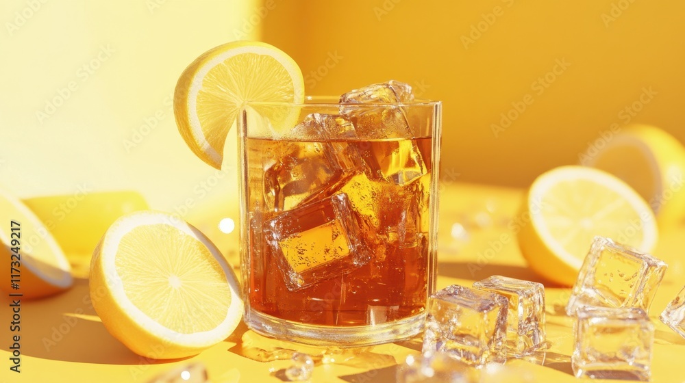A glass of iced tea with a lemon garnish, surrounded by ice cubes, fresh lemon wedges, and a bright yellow backdrop for a vibrant scene. A glass of iced tea with a lemon garnish, surrounded by ice cubes, fresh lemon wedges, and a bright yellow backdrop for a vibrant scene.