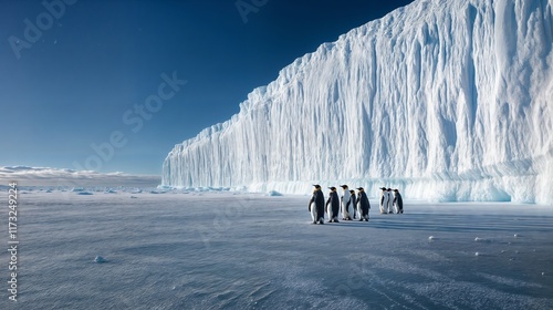 Emperor penguins walking near a giant tabular iceberg in antarctica photo