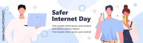 Safer Internet Day. Cyber security data and protection banner. People surfing the Internet, chatting on social networking sites, playing mobile phone games. Internet security.  Vector Not AI generated