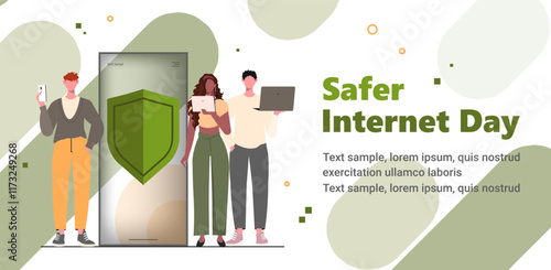  Safer Internet Day. Green Shield on smartphone screen. People surfing internet. Concept of cybersecurity and data protection. Vector illustration. Not AI generated