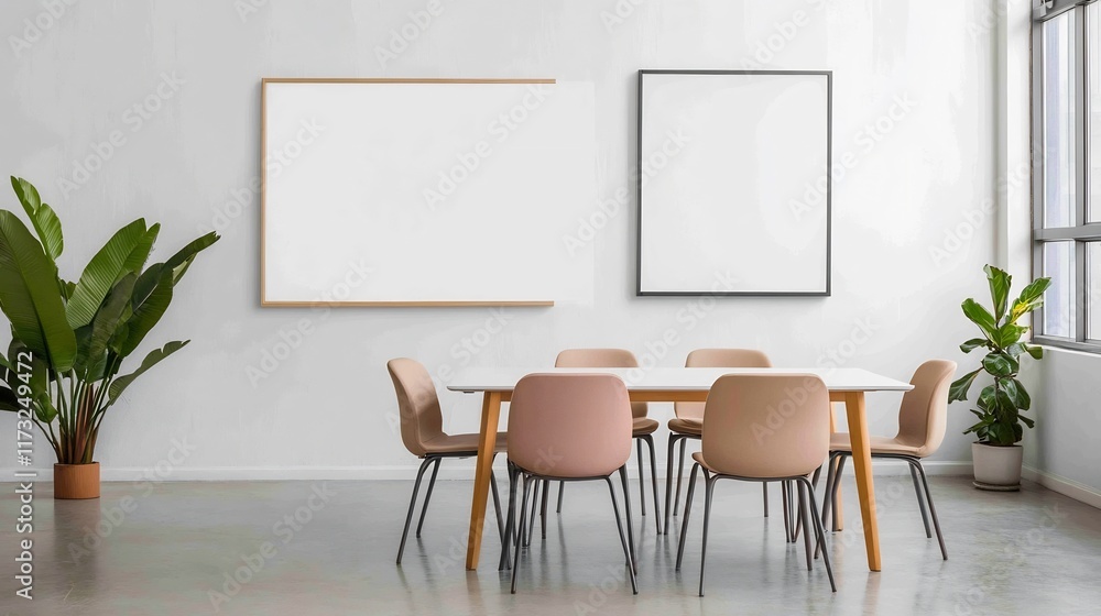 Fototapeta premium Minimalist Collaborative Meeting Space with Flexible Seating and Natural Lighting for Team