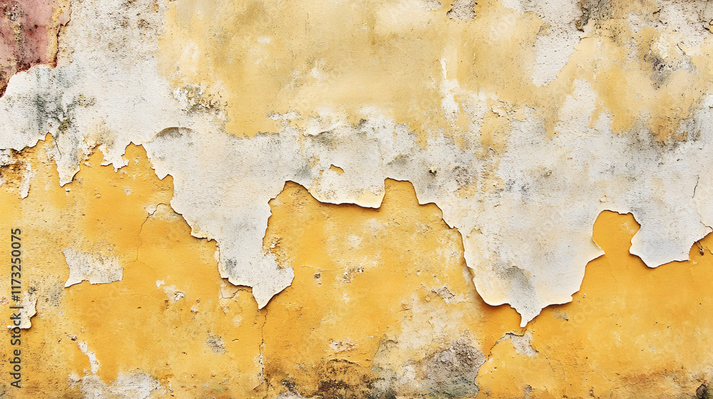 Naklejka premium Weathered Yellow Wall Showing Aged Texture and Peeling Paint