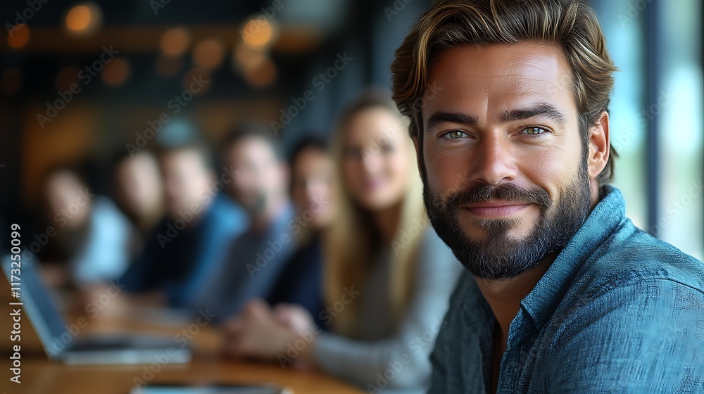 Fototapeta premium Smiling man with beard, colleagues blurred background.