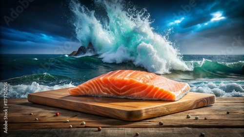 Fresh Salmon Fillet Double Exposure: Ocean Waves & Culinary Delight