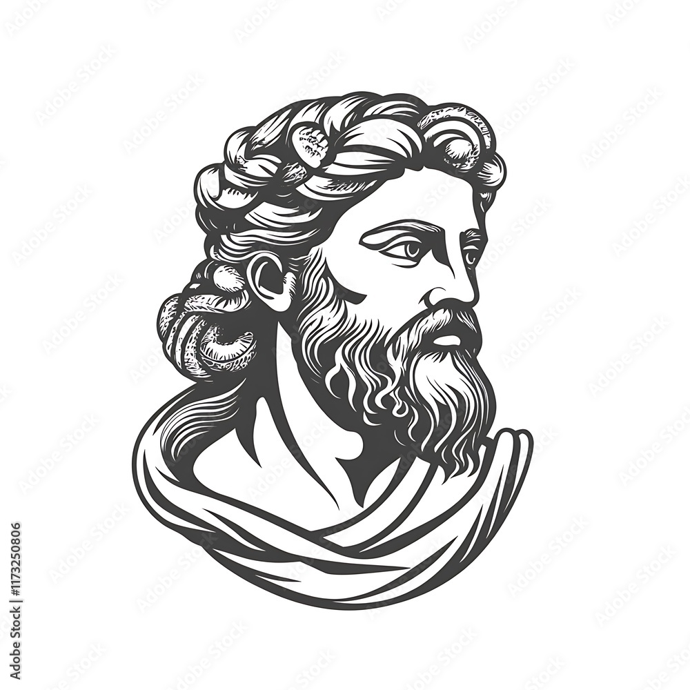 Sculpted male bust with beard and laurel wreath, monochrome. Sculpted male bust with beard and laurel wreath, monochrome.