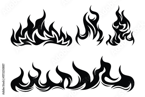 Silhouette Fire flames. Old school tattoo neo-tribal style or silhouette flame for cars. set vector icons. Fire sign. Fire flame icon isolated on white background. Vector illustration	