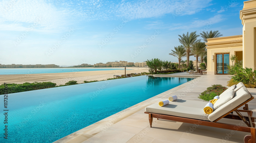 Fototapeta premium A sunbed positioned on the sundeck of a luxurious beach hotel, overlooking a serene pool and a sparkling sea under a clear blue sky. Ai generated