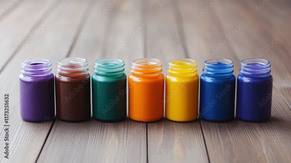 Vibrant Array of Colorful Paint Bottles on Rustic Wooden Table Bathed in Soft Natural Light Creating a Creative and Artistic Atmosphere Vibrant Array of Colorful Paint Bottles on Rustic Wooden Table Bathed in Soft Natural Light Creating a Creative and Artistic Atmosphere