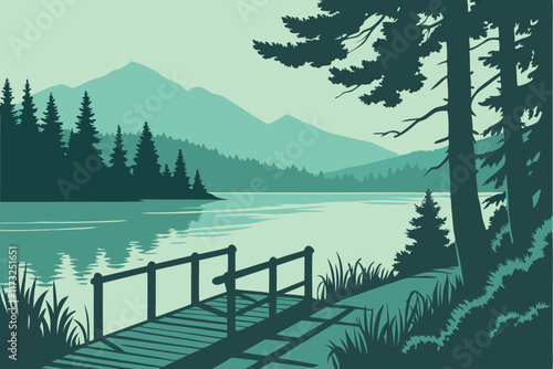 Quiet Lakeside Dock A wooden dock extending over a still lake, surrounded by dense forest and mountains in the background. The style is tranquil and minimalist, with a cool palette of greens, blues, a