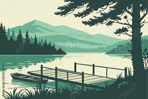 Quiet Lakeside Dock A wooden dock extending over a still lake, surrounded by dense forest and mountains in the background. The style is tranquil and minimalist, with a cool palette of greens, blues, a