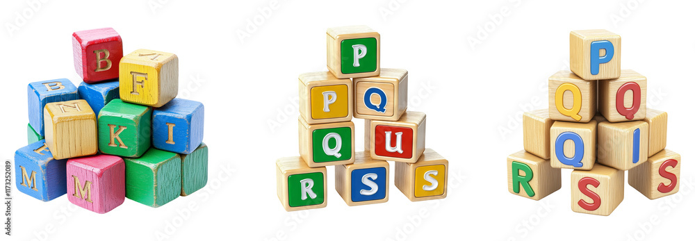 Colorful Wooden Blocks Stacked on Transparent Background