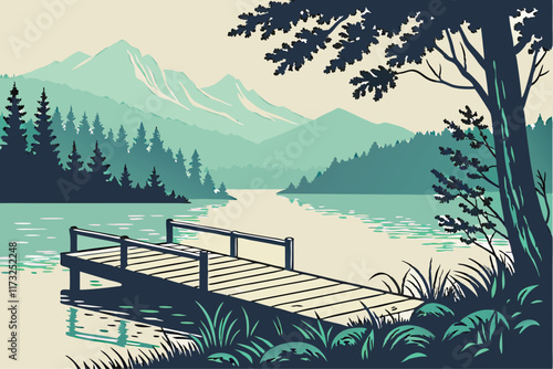 Quiet Lakeside Dock A wooden dock extending over a still lake, surrounded by dense forest and mountains in the background. The style is tranquil and minimalist, with a cool palette of greens, blues, a