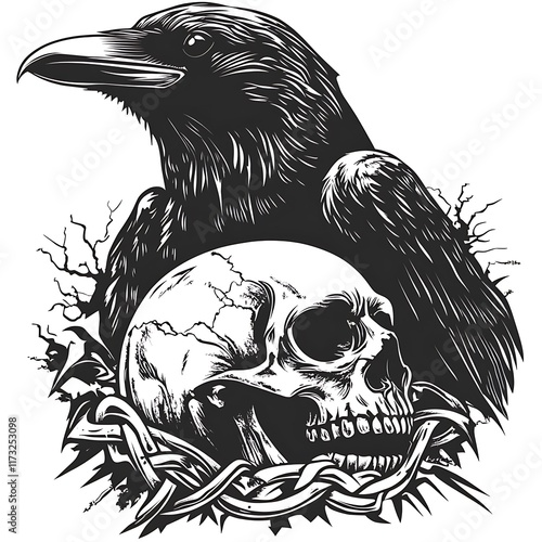 Raven perches above human skull with woven knot. photo