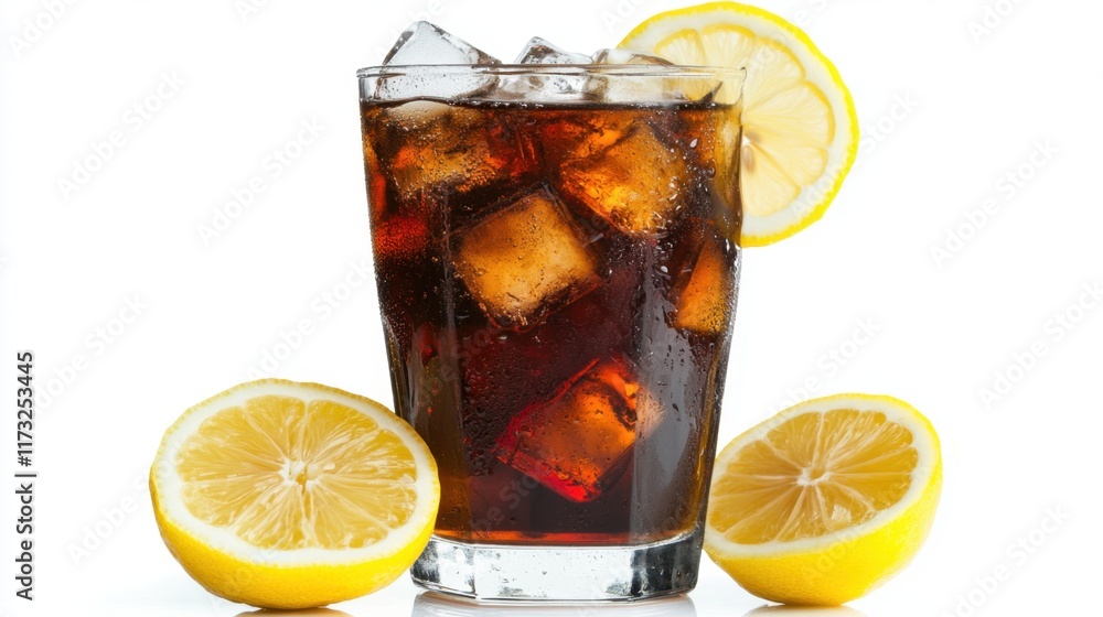 A refreshing glass of iced tea with a lemon slice and ice, isolated on a white background with a clean and fresh aesthetic. A refreshing glass of iced tea with a lemon slice and ice, isolated on a white background with a clean and fresh aesthetic.