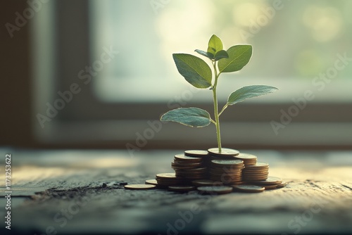 Emerging growth a small plant thrives among coins in a windowed room symbolizing prosperity and sustainability