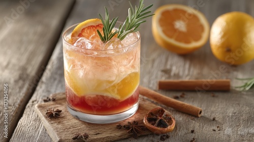 A refreshing iced Americano with citrus juice layers, served in a glass with ice cubes, rosemary garnish, and cinnamon on a rustic table.