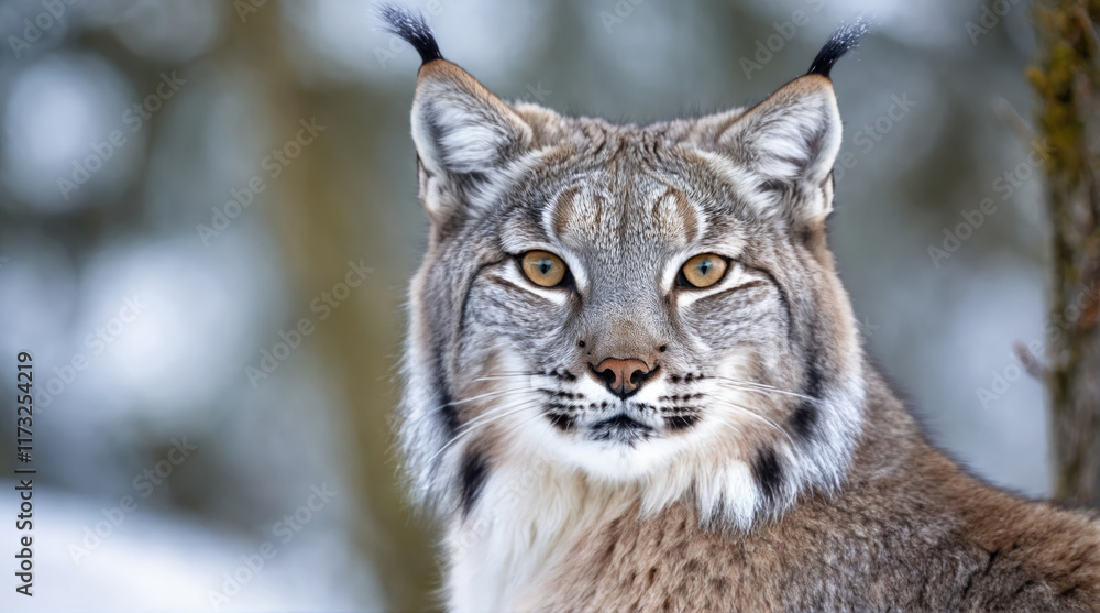 Lynx in a snowy forest environment showcasing its fur and keen expression during winter months Lynx in a snowy forest environment showcasing its fur and keen expression during winter months