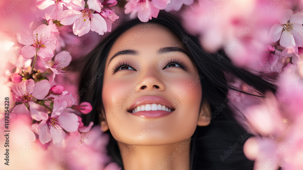 桜の下で微笑む女性 桜の下で微笑む女性