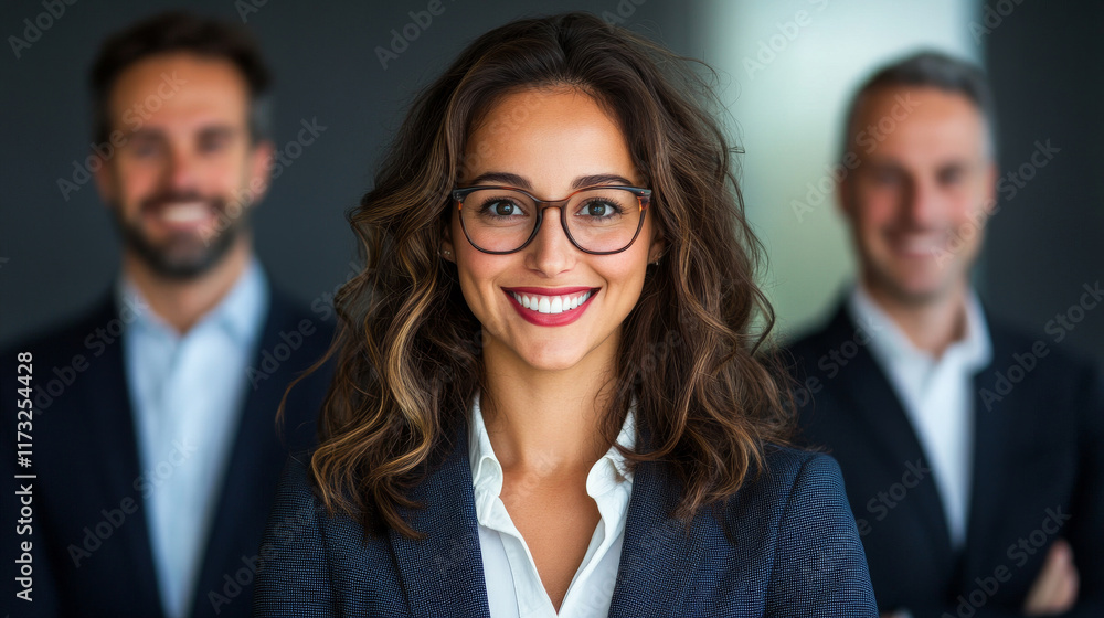 Confident Businesswoman Smiling Front and Center with Team in the Background Confident Businesswoman Smiling Front and Center with Team in the Background
