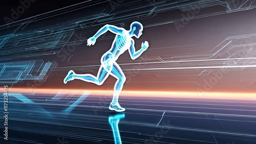 Futuristic Digital Running Figure with Glowing Skeleton and Motion Lines in a High-Tech Dynamic Background

 photo