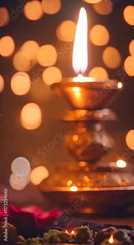Happy diwali festival lit traditional diya lamp close up with bokeh lights hindu culture traditional celebration cinematic video vertical reel format 4K