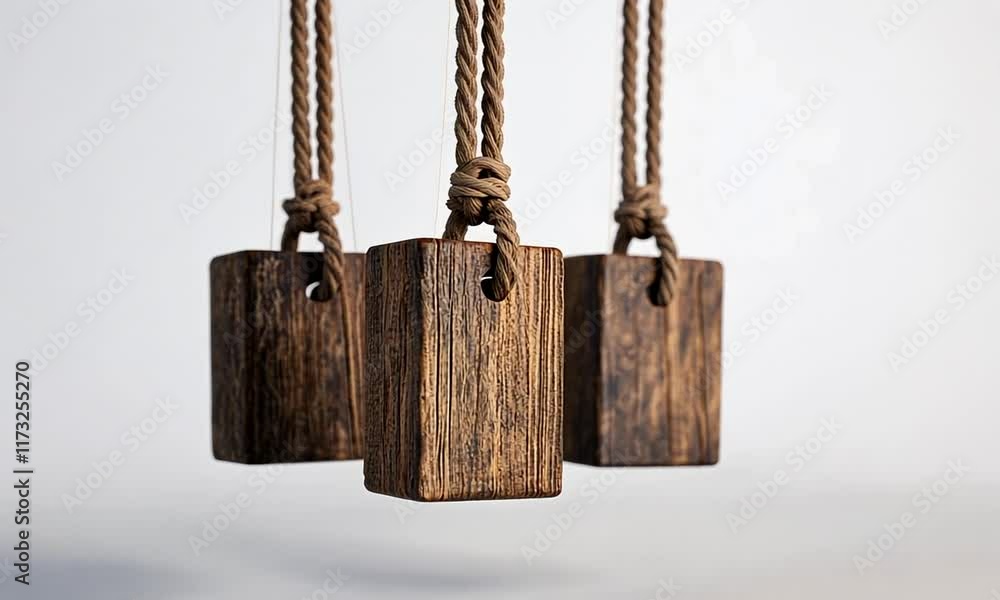 Three wooden blocks hanging from ropes against a light background. Three wooden blocks hanging from ropes against a light background.