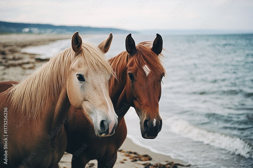 Two beautiful horses standing by the beach as waves gently lap at the shore under a cloudy sky during late afternoon Two beautiful horses standing by the beach as waves gently lap at the shore under a cloudy sky during late afternoon