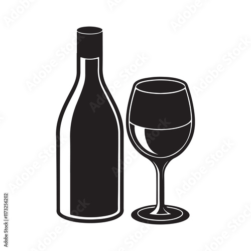 A bottle with wine glass silhouette, black and white silhouette, vector and illustration