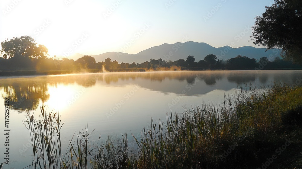 Serene sunrise over calm lake with misty mountains reflecting in still water. Serene sunrise over calm lake with misty mountains reflecting in still water.