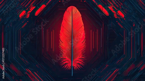 Feather abstract background idea. A striking digital illustration of a red feather set against a futuristic backdrop.