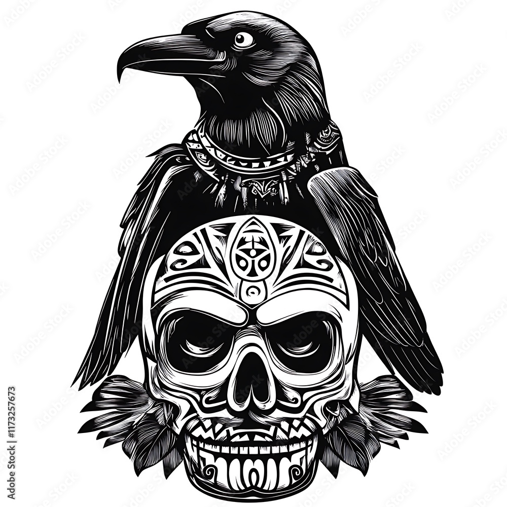 Fototapeta premium Vector raven perched on decorative skull with leaves.