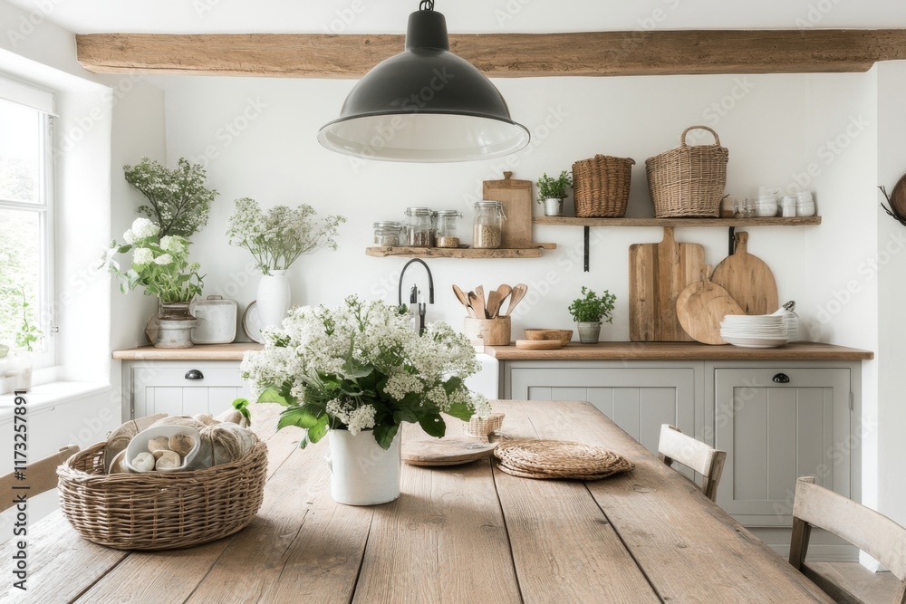 Fototapeta premium A charming country kitchen with a large wooden table, mismatched chairs, and rustic decor elements like wicker baskets