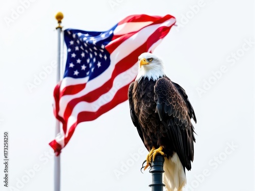 An American bald eagle perched on a flag pole, with an American flag in the background, representing patriotism and freedom for national events and campaigns.