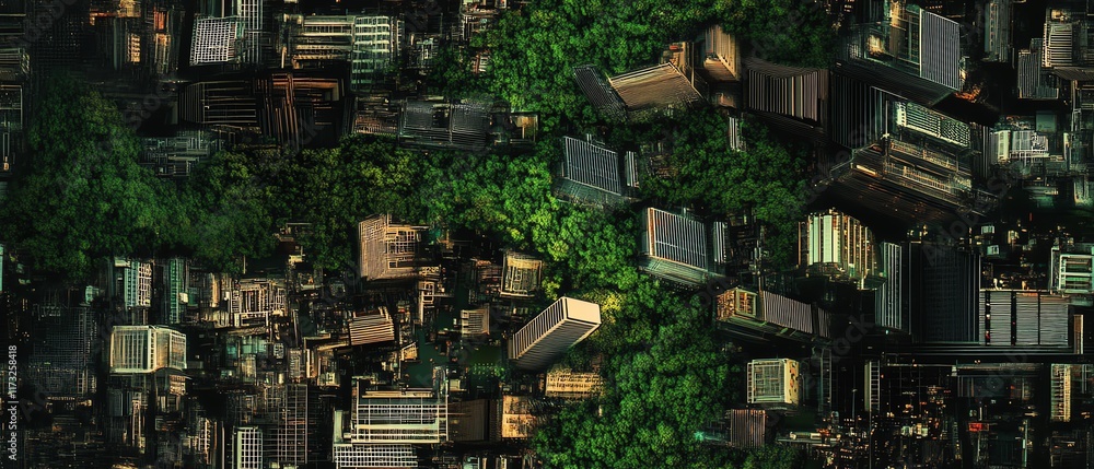 Aerial view of a city integrated with lush greenery. Sustainable urban design concept. Eco-friendly cityscape. Aerial view of a city integrated with lush greenery. Sustainable urban design concept. Eco-friendly cityscape.
