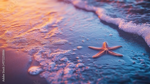 Starfish on sunset beach, ocean waves, tranquil scene, travel postcard. photo