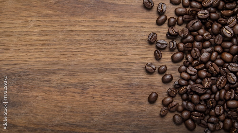 Rustic Wooden Surface with Roasted Coffee Beans and Steaming Cup for Cozy Cafe Themes Rustic Wooden Surface with Roasted Coffee Beans and Steaming Cup for Cozy Cafe Themes