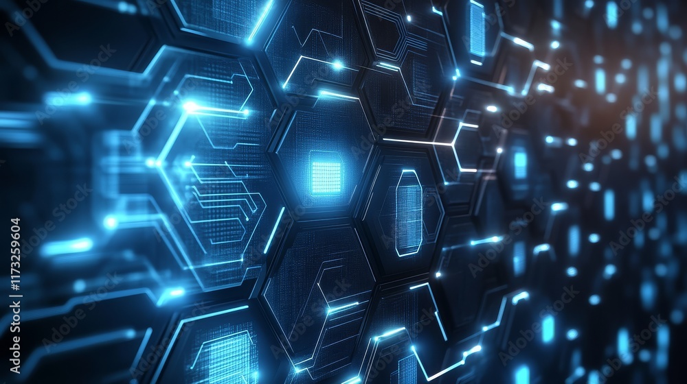 Fototapeta premium A futuristic digital hexagonal pattern illuminated by blue light, representing advanced technology and connectivity.