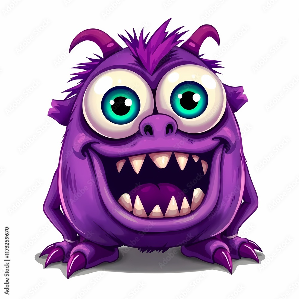 Naklejka premium Purple Monster with Big Eyes and Grinning Teeth 