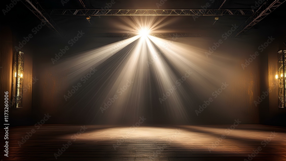 Obraz premium Atmospheric glow of studio lights on a dark background. Spotlights in a photo studio, beams illuminate a dark room.