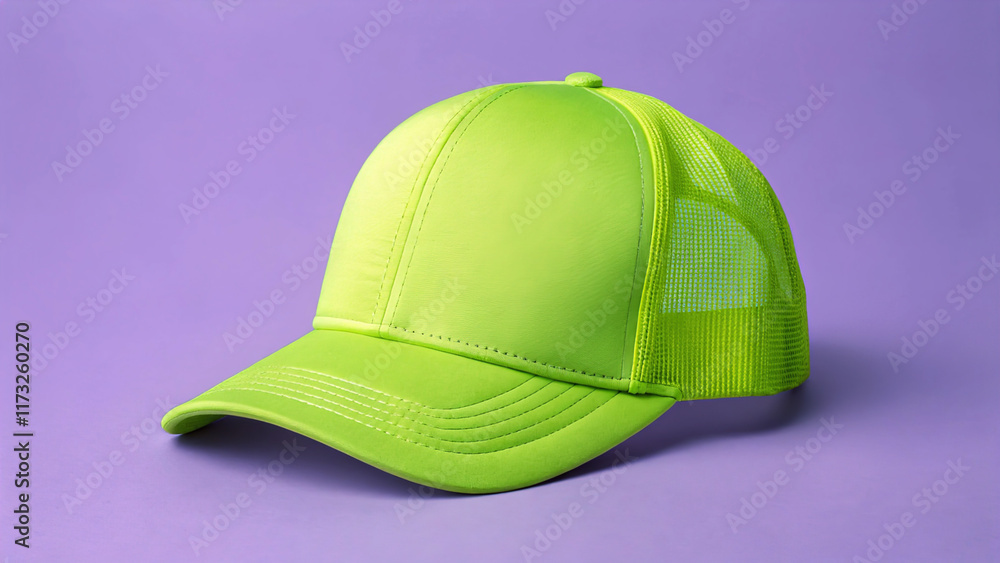 Fototapeta premium Lime Green Trucker Hat Mockup on Solid Soft Background