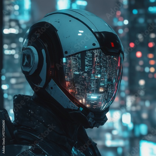 Futuristic helmet reflecting neon city lights in cyberpunk setting photo